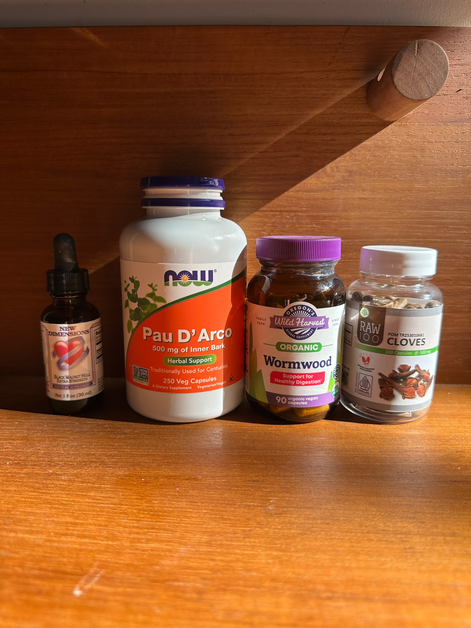 Kyle's antiparasitic herbs — black walnut, pau d'arco, wormwood, cloves